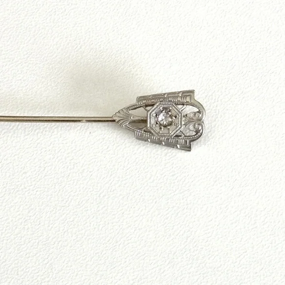 Antique 14K Solid Gold & Platinum Face Diamond Stick Pin 2.5" - Picture 15 of 15